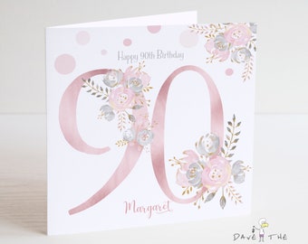 Carte d'anniversaire pour les 90 ans - personnalisée - Blush et or - Anniversaire pour femme, grand-mère, grand-mère - TOUTE RELATION