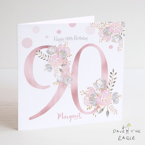 presents 90 year old lady 90th Birthday card - Personalised - Blush and Gold - Ladies, Nanna, Grandma Birthday