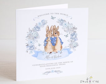 Twins New Baby Card - Baby Boys - Personalised Vintage Bunny Rabbit