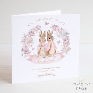 Twins Christening Card - Baby Girls Personalised Bunny Rabbit Design