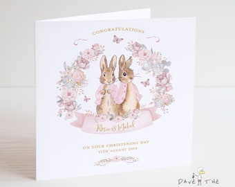 Twins Christening Card - Baby Girls Personalised Bunny Rabbit Design