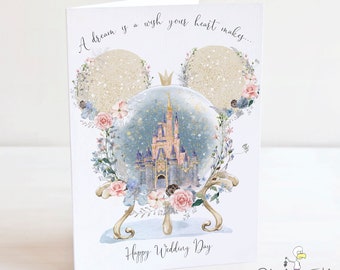 Carte de mariage boule à neige - château de conte de fées - Mickey Mouse - magique - Mr et Mme - A5