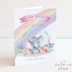 Tarjeta de Bautizo - Lindo Elefante y Arco Iris - Personalizada A5