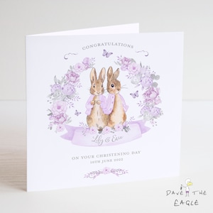 Twins Christening Card - Baby Girls Personalised Bunny Rabbit Design - Lilac