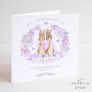 Zwillinge Taufkarte - Baby Mädchen personalisierte Bunny Rabbit Design - Lilac