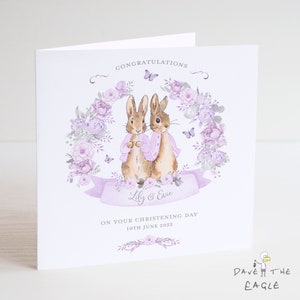 Twins Christening Card - Baby Girls Personalised Bunny Rabbit Design - Lilac