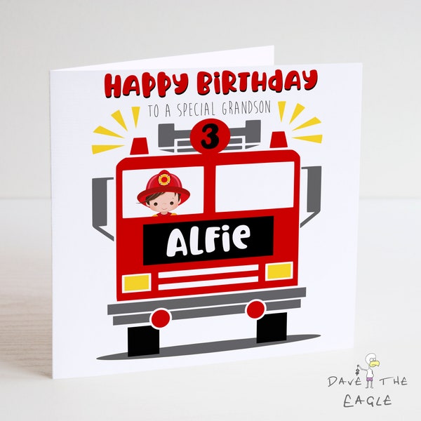 Biglietto di auguri di compleanno per pompiere, personalizzato, autopompa/camion, figlio, nipote