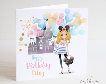 Girls Birthday Card with Castle and Balloons - Blonde.