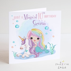 Carte d'anniversaire personnalisée sirène et licorne pour filles