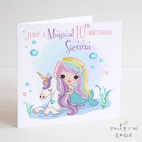 Mermaid and Unicorn Girls Personalised Birthday card