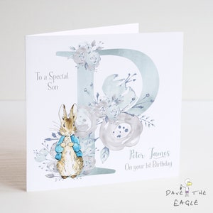 Tarjeta de cumpleaños inicial personalizada para niños A-Z - Alfabeto Vintage Bunny Rabbit