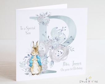 Boys Personalised Initial Birthday Card A-Z - Alphabet Vintage Bunny Rabbit