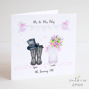 Festival Gummistiefel Hochzeit Karte - Tipi Blumen Wimpelkette Boho - Personalisiert