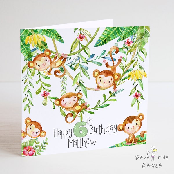 Cheeky Monkey Personalised Birthday card - Girls Boys - Safari Jungle Animals