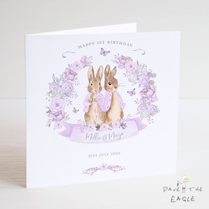 Zwillinge Geburtstagskarte - Baby Mädchen personalisierte Bunny Rabbit Design - Lilac