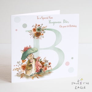 Bunny gepersonaliseerde eerste verjaardagskaart A-Z - Alphabet Rabbit Design