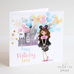 Carte d'anniversaire pour filles avec château et ballons - Brune