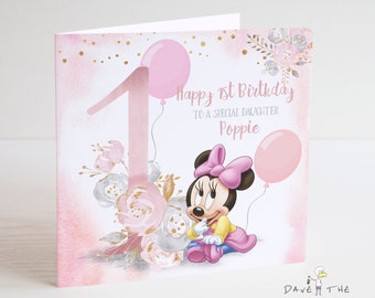 Minnie Mouse Birthday Card - Daughter, Granddaughter Niece - Personalised - Ages 1-9