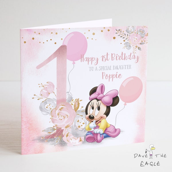 Minnie Maus Geburtstagskarte - Tochter, Enkelin Nichte - Personalisiert - Alter 1-9