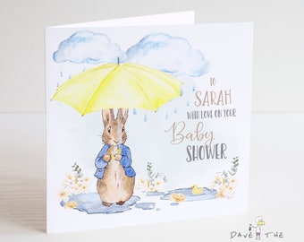 Baby Shower Card - Unisex - Personalised Bunny Rabbit Design