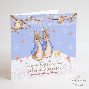 Primera tarjeta de Navidad - Diseño personalizado de conejito de Twin Boys