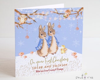 First Christmas Card - Twin Boys Personalised Bunny Rabbit Design