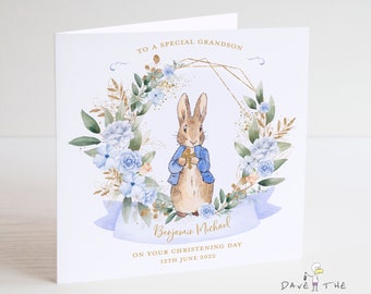 Christening or Baptism Card - Boys Personalised Vintage Bunny Rabbit Design