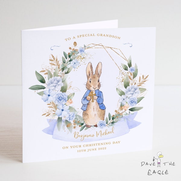 Christening or Baptism Card - Boys Personalised Vintage Bunny Rabbit Design