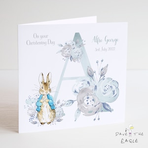 Taufkarte Initial A-Z - Jungen personalisierte Alphabet Bunny Rabbit Design