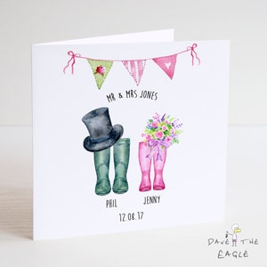 Festival Gummistiefel Hochzeitskarte - Tipi Blumen Wimpelkette Boho - Personalisiert