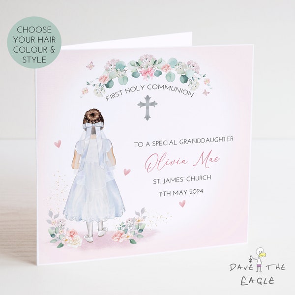 First Holy Communion Card - 1st Communion, Personalised Communion Card, Daughter, Granddaughter, Niece. Any Relation, Hair Colour and Style.