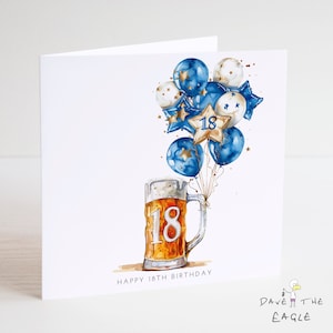 Tarjeta de cumpleaños número 18: cumpleaños importantes, cerveza, globos, hermano, hijo, nieto.