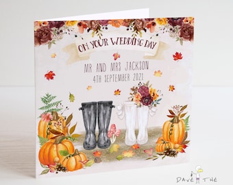 Autumn Wedding Card - Welly - Fall Tipi Flowers Bunting Boho - Personalised