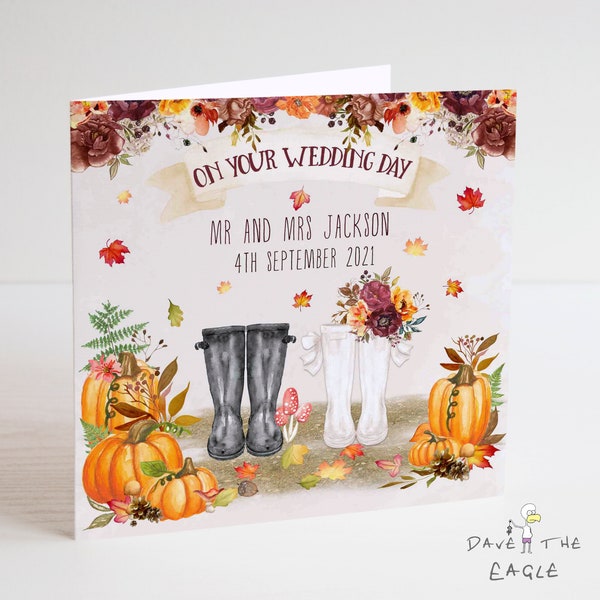 Autumn Wedding Card - Welly - Fall Tipi Flowers Bunting Boho - Personalised