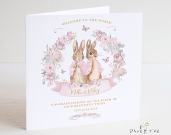 Twins New Baby Card - Baby Girls - Personalised Vintage Bunny Rabbits