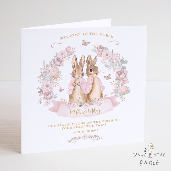 Twins New Baby Card - Baby Girls - Personalised Vintage Bunny Rabbits