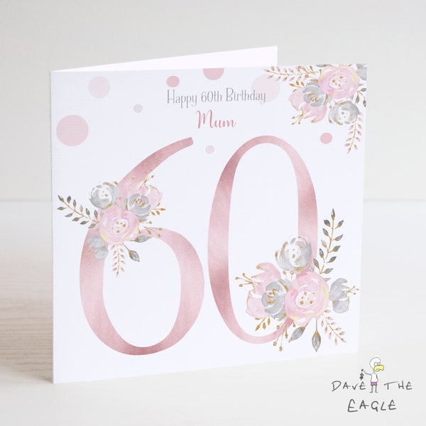 60th Birthday card - Personalised - Blush and Gold - Ladies or Girls Birthday