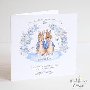 Twins Christening Card - Baby Boys Personalised Bunny Rabbit Design