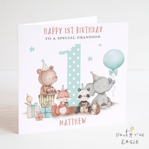 Tier Geburtstagskarte - Erste Geburtstagsparty - Tierparty - Personalisierter Sohn Enkel Neffe - Alter 1-9 Jahre