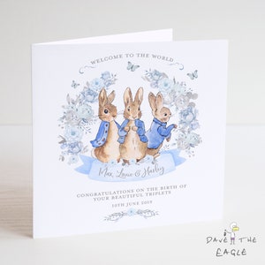 Triplets Neue Baby Karte - Jungen personalisierte Bunny Rabbit Design