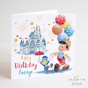 Verjaardagskaart met Pinocchio & Japie Krekel - Gepersonaliseerd - Zoon Kleinzoon Dochter Kleindochter