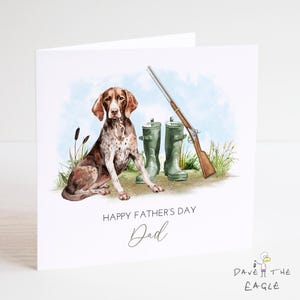 Tarjeta personalizada para el Día del Padre con temática de caza: vida en el campo, guardabosques, caza y tiro