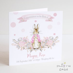New Baby Girl Card - Personalised Vintage Bunny Rabbit - Floral Design, Newborn Gift, Keepsake Card