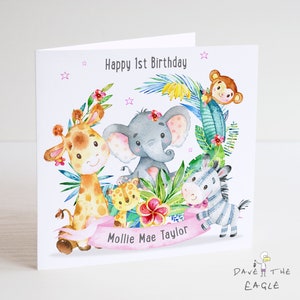Tarjeta de cumpleaños personalizada Jungle Animal Girls