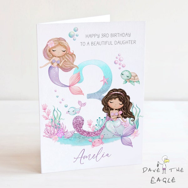 Mermaid Birthday Card - Under the Sea - Personalised Daughter, Granddaughter, Niece - Age 1-9