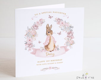 Birthday Card Girls - Vintage Bunny Rabbit - Personalised