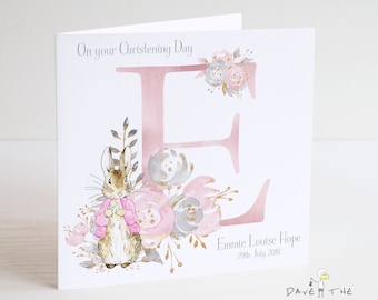 Christening Card A-Z - Girls - Vintage Bunny Rabbit - Personalised Alphabet Card