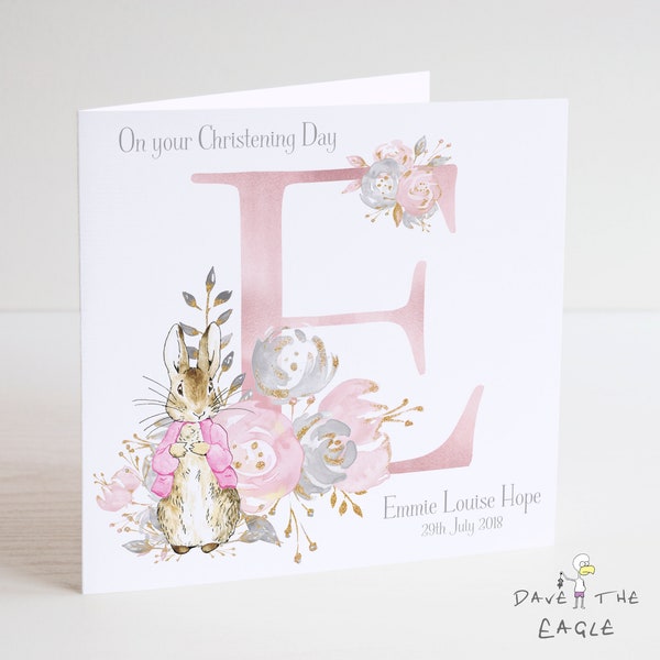 Christening Card A-Z - Girls - Vintage Bunny Rabbit - Personalised Alphabet Card