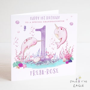 Narwhal Birthday Card - Under the Sea, Ocean Nautical - Personalised age 1-9 - Daughter, Granddaughter, Niece