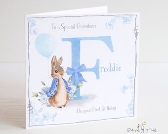 Personalised Initial Birthday Card A-Z - Alphabet Vintage Bunny Rabbit